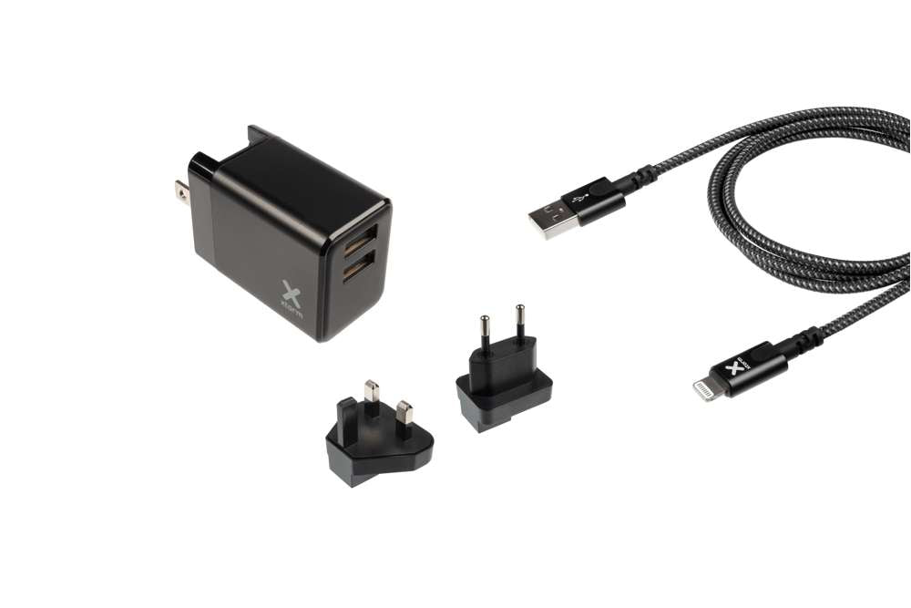 Volt AC Reiseadapter 2 x USB + USB auf Lightning Kabel - Schwarz